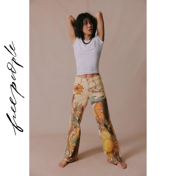 🆕 Free People | We The Free | Tinsley Printed Jeans “Beach Scene” | 29 - Picture 4 of 13